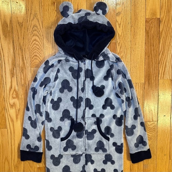 Disney Women's Mickey Mouse Hooded One Piece Zip Up Fleece Pajamas Blue M - Picture 3 of 7